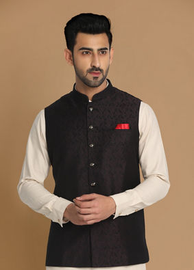 alt message - Manyavar Men Wine Red Bandhgala Jacket image number 0